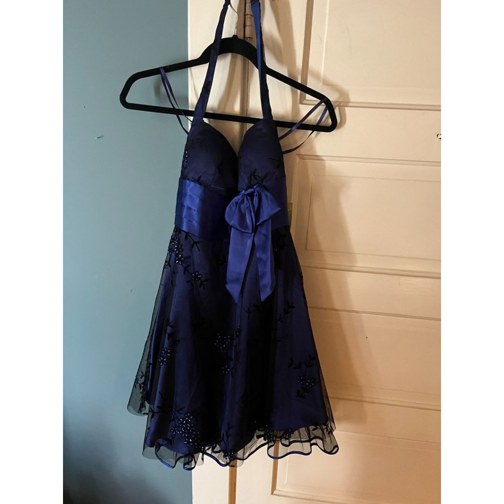 NWT Deadstock Y2K Navy Blue Halter Dress with Black Flocked Floral Designs - Picture 1 of 8